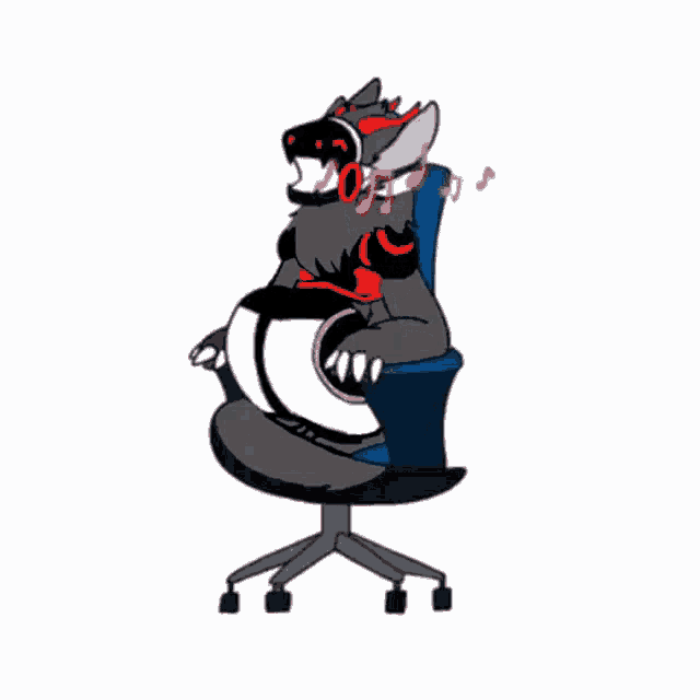 a cartoon of a wolf sitting in an office chair with headphones on .