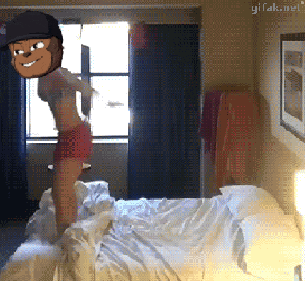 a cartoon of a woman jumping on a bed with a gifak.net logo behind her