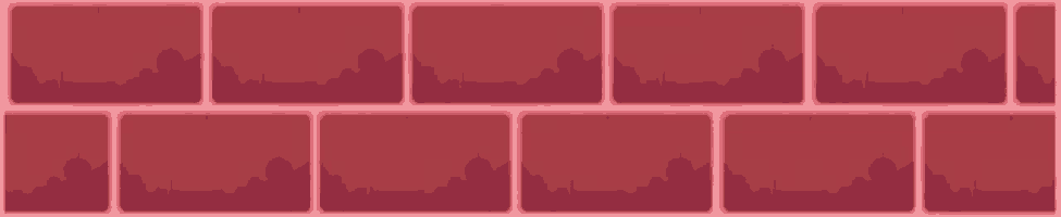 a row of red bricks with a city skyline on them