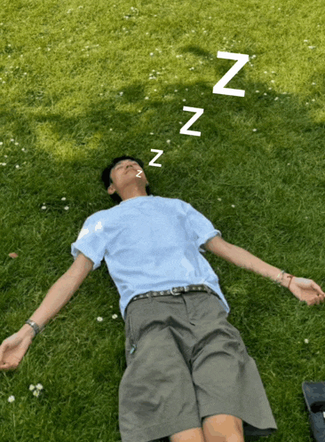 a man laying on the grass with a zzz written above him