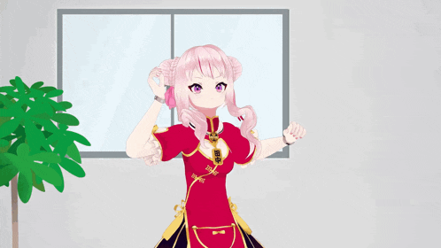 a girl with pink hair and purple eyes is standing in front of a window with chinese writing on the bottom