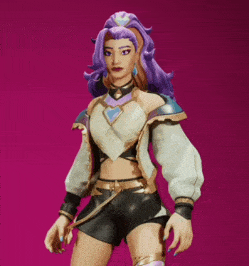 a woman with purple hair is wearing a white jacket and shorts