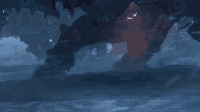 a very large monster is flying through the air in the dark