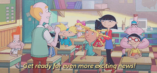 a cartoon of a classroom with the words " get ready for even more exciting news "