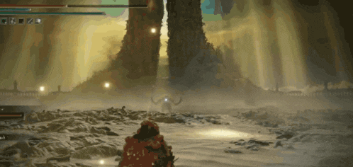 a video game is being played and a monster is in the background
