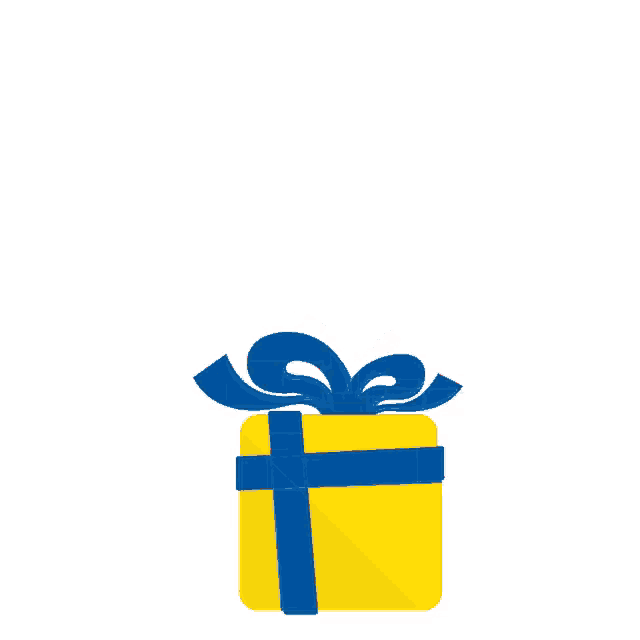 a yellow gift box with a blue ribbon and ice cream coming out of it