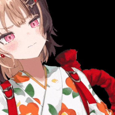 a close up of a girl with pink eyes wearing a kimono
