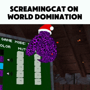 a purple monster is wearing a santa hat and screaming on world domination .