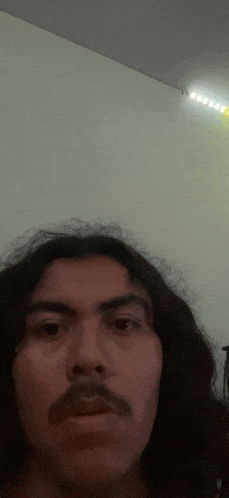 a man with long hair and a mustache is making a funny face