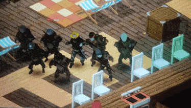 a screenshot of a video game shows a group of soldiers standing in a kitchen