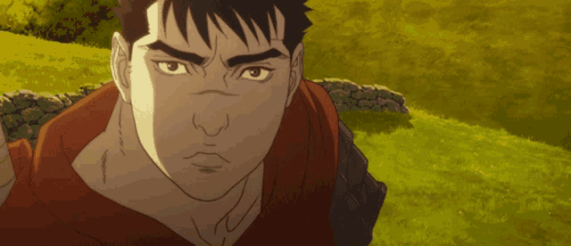 a close up of a man 's face in a field with a stone wall in the background