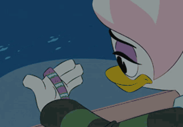 a cartoon character is wearing a purple and blue bracelet