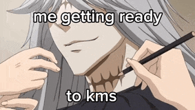 a person is painting a person 's neck with a pencil and the caption reads `` me getting ready to kms ''