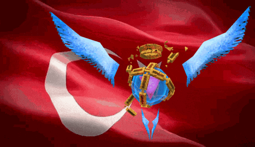 a red white and blue flag with a blue winged object on it