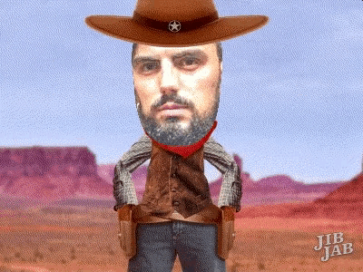a man with a beard wearing a cowboy hat and holding two guns