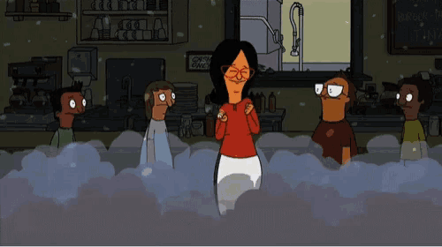 a group of cartoon characters are standing in a room with a sign that says coffee shop on it
