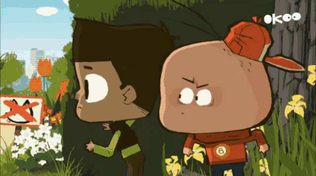 two cartoon characters standing next to each other with a sign that says no smile