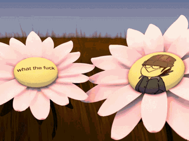 a flower with a yellow button that says what the fuck on it