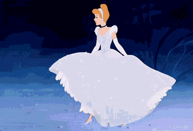 cinderella is dancing on the ice in a white dress