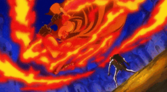 a cartoon character is standing in front of a large fireball .