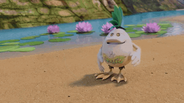 a cartoon duck with a pineapple on its head is standing on the beach .