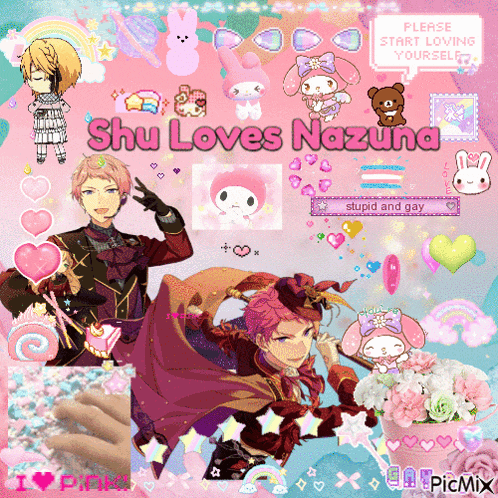 a collage of anime characters with the words shu loves nazuna on the top