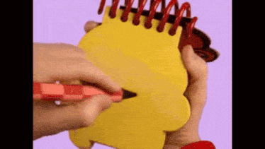 a person is holding a yellow notebook and writing on it with a red pen .