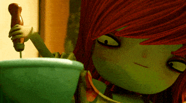 a cartoon character with red hair is holding a wooden spoon over a green bowl