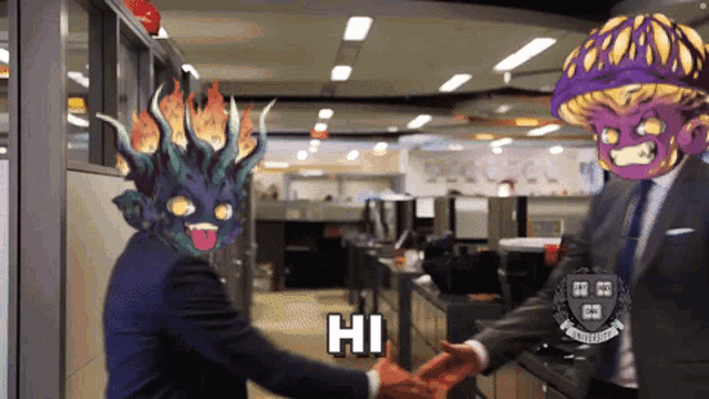 a man in a suit shakes hands with a cartoon character with the word hi on it