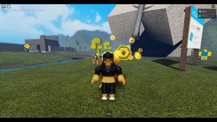 a person is standing in a grassy field in a video game with a sign in the background .
