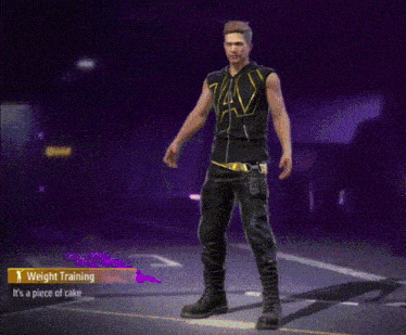 a man is doing a pull up in a video game with a sign that says weight training it 's a piece of cake