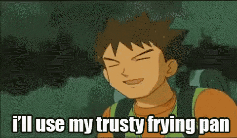 a cartoon character is smiling and says i 'll use my trusty frying pan