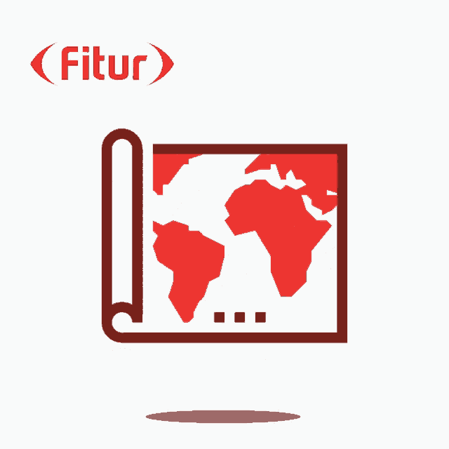 a red and white icon of a map with the word fitur above it
