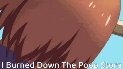a picture of a person with the words i burned down the poop store below them