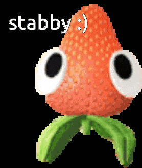 a picture of a strawberry with googly eyes and the words stabby below it