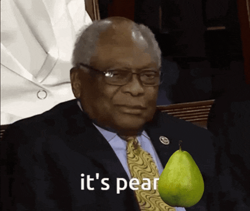 a man in a suit and tie is holding a pear and the words it 's pear are above him