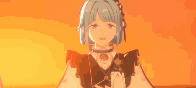 a 3d anime girl with blue hair and purple eyes is standing in front of an orange sky .