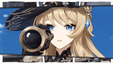 a girl with blonde hair and blue eyes looks through a telescope