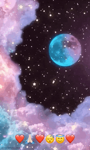 a picture of a blue moon with hearts and emojis