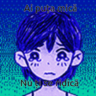 a pixel art of a girl with blue hair and the words ai puta mica nu ti se ridica on the bottom