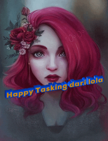 a painting of a woman with red hair and the words happy tasking darilola above her