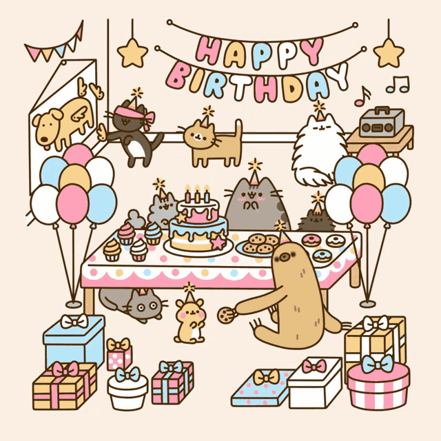 a cartoon drawing of a happy birthday party with cats and a sloth