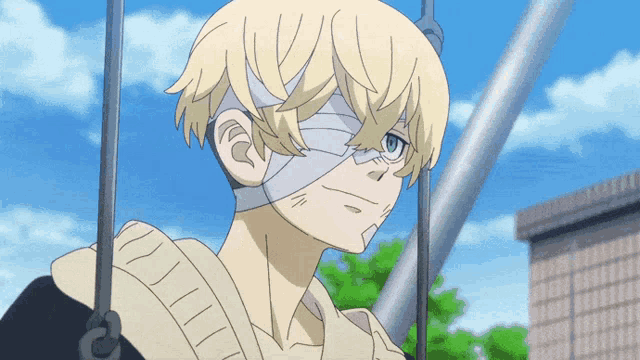 a cartoon character with a bandage on his eye is smiling