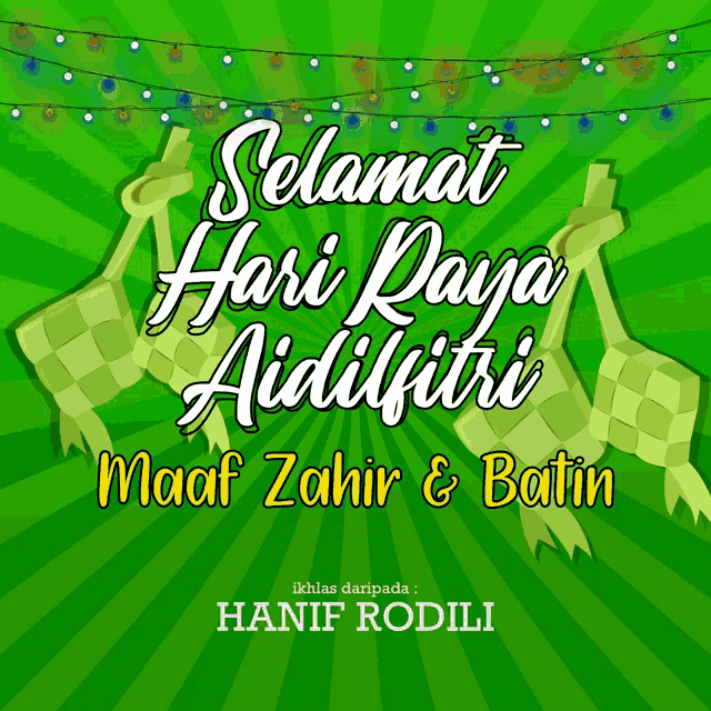 a green greeting card that says selamat hari raya aidilfitri
