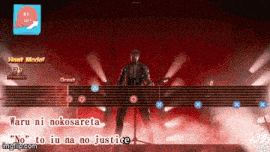 a video game screen shows a man playing a guitar and the words " no " to iu na no justice on the bottom