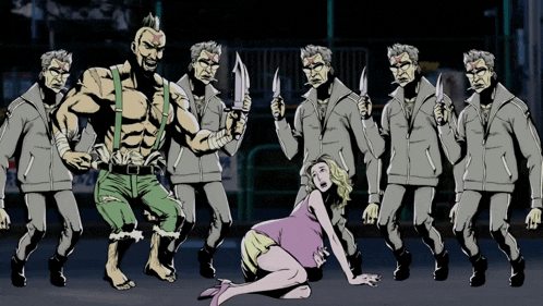 a group of men are holding knives and a woman is kneeling down in front of them