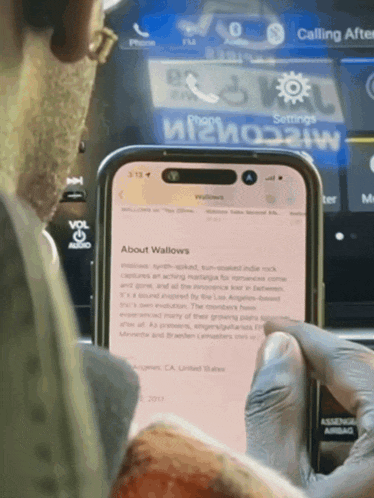 a person is looking at a cell phone that says about wallows on it