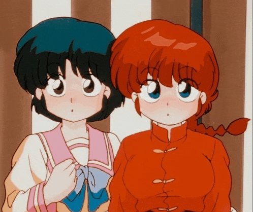 two anime girls are standing next to each other with one wearing a red jacket