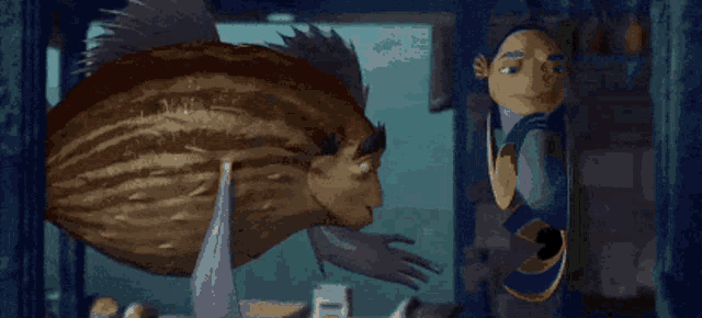 a cartoon fish is smiling while a man stands behind it