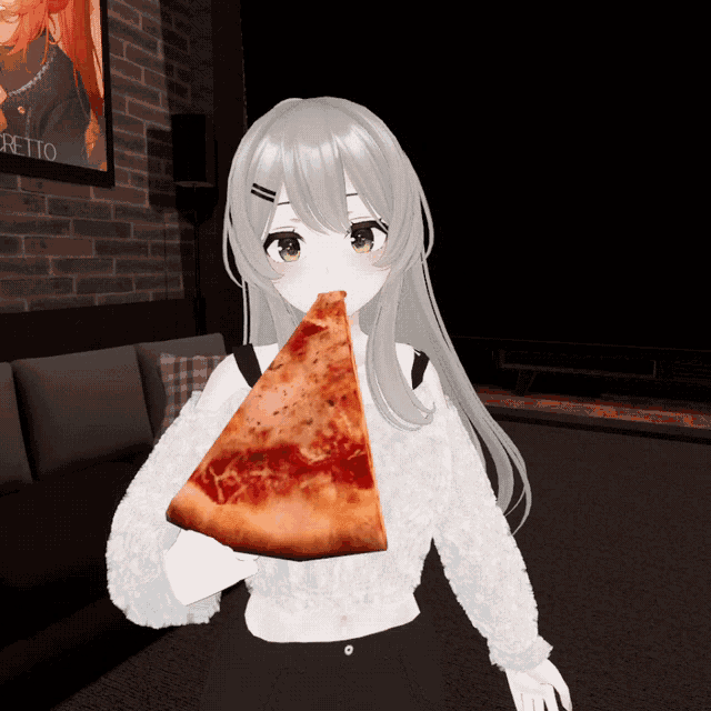 a girl is holding a slice of pizza in front of a poster that says retto